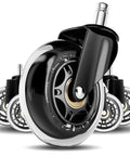 Rubber Chair Casters Replacement Set Of 5 For Hardwood Floors And Carpet, close-up view showing smooth wheels designed for office chairs.