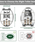 Elongated Toilet Seat Resin for Farmhouse Bathroom with measurement guide for size selection, featuring home decor.