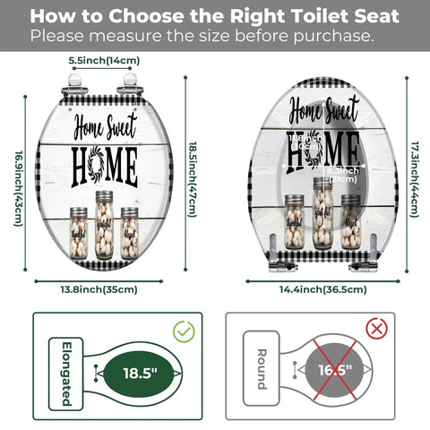 Elongated Toilet Seat Resin for Farmhouse Bathroom with measurement guide for size selection, featuring home decor.