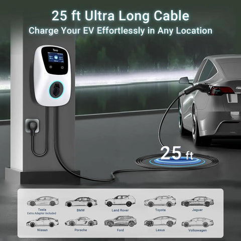 Tesla Compatible Level 2 EV Charger With J1772 Support installed on wall, connected to car, showing 25 ft cable length.