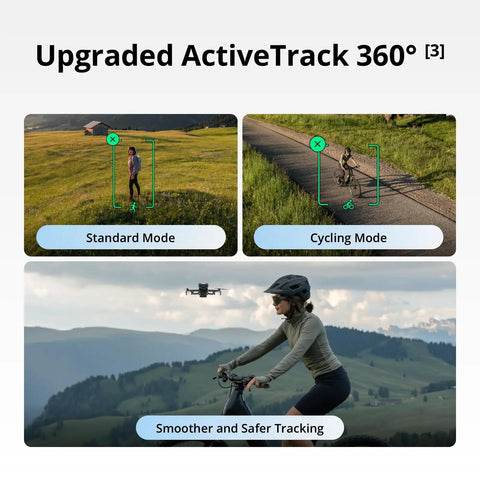 Mini 5 Pro Fly More Combo Plus With RC 2 Drone showcasing ActiveTrack 360 Degree on cyclist and walker in landscape