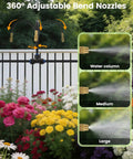 120Ft Drip Irrigation Kit With 18 Adjustable Misting Nozzles demonstrating spray settings over colorful garden flowers