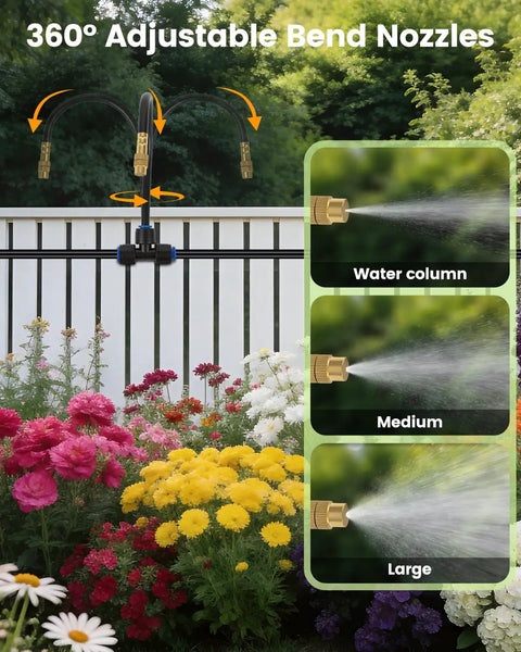 120Ft Drip Irrigation Kit With 18 Adjustable Misting Nozzles demonstrating spray settings over colorful garden flowers