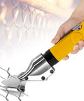 Industrial Pneumatic Scissors With Upgraded B Cutter Head cutting metal mesh, yellow handle, durable alloy steel build.