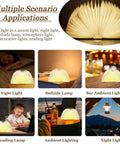 Wooden Folding Mood Light Book Lamp with USB Rechargeable Battery shown as night light, bedside lamp, reading light, cozy glow
