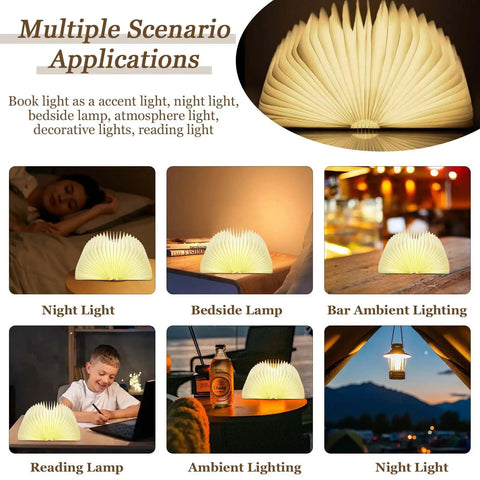 Wooden Folding Mood Light Book Lamp with USB Rechargeable Battery shown as night light, bedside lamp, reading light, cozy glow