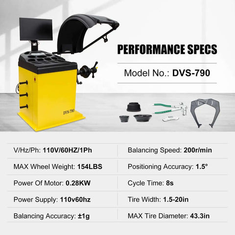 Image of Premium Automatic Wheel Balancer With 24 Inch Color LCD Display and electronic brake for tire shops, model DVS-790.