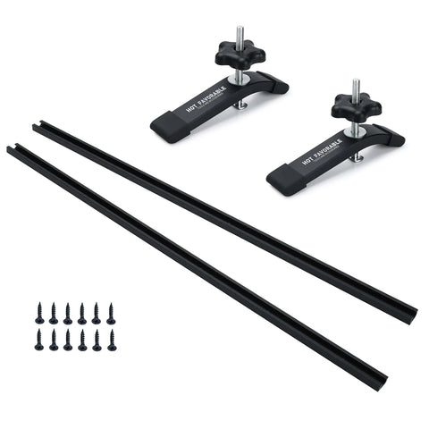 Durable Aluminum 24 Inch T Track Kit with Two Hold Down Clamps for Woodworking, includes screws and dual black anodized tracks.