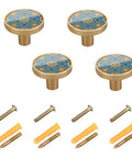 Slick Gold Persian Floral Medallion Cabinet Knobs 4 Pack 1-1/4 Inch with screws displayed individually.