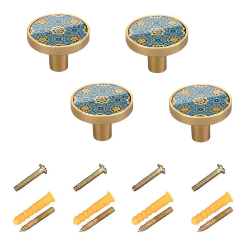 Slick Gold Persian Floral Medallion Cabinet Knobs 4 Pack 1-1/4 Inch with screws displayed individually.