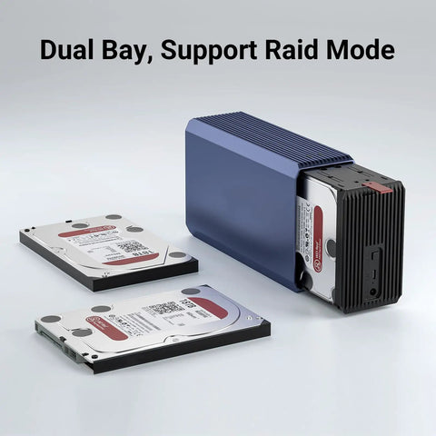 Top Rack Dual Sata Hard Drive Enclosure With Raid Disk Array And Quiet Cooling Fan USB3.0 next to two SATA drives.