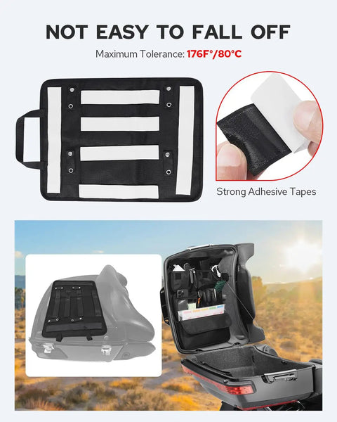 Tour Pack Lid Organizer For Motorcycles Waterproof Storage Liner Bag With Clear Pocket Fits Phones Up To 6.5 Inches And Velvet Lining, Heavy Duty, Universal Fit For Harley Touring Models Like Street Glide, Road King, Road Glide, Electra Glide installation view.