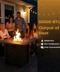 Group of people around 30 Inch Propane Fire Pit Table With Premium Ceramic Top, 50000 BTU Gas Firepit, Includes Lid And Lava Rocks