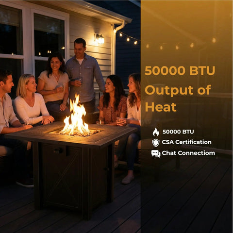 Group of people around 30 Inch Propane Fire Pit Table With Premium Ceramic Top, 50000 BTU Gas Firepit, Includes Lid And Lava Rocks