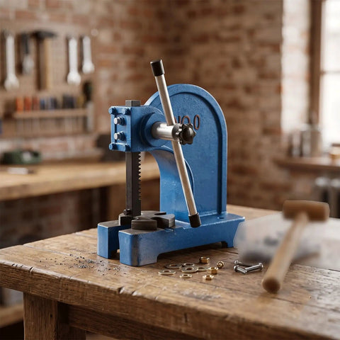 Rock Solid Heavy Duty Manual Arbor Press With Cast Iron Frame And Steel Ram For Precision Punching Inserting And Bushing Half To Two Ton Shop Beast Built Tough For Daily Garage Hustle on wooden workbench.