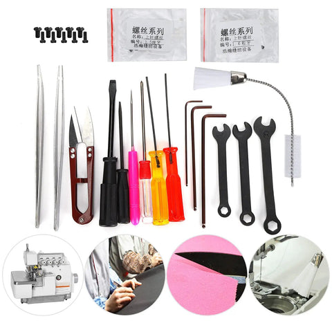 Pro Grade Overlock Sewing Machine Maintenance Tool Kit With Storage Box, 14 Essential Tools for Cleaning and Repair displayed.