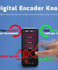 Beefy 60V 5A Adjustable DC Bench Power Supply With Crisp Readouts showing digital encoder knob usage instructions.