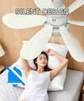52cm ceiling fan with light, E27 bulb socket (comes with extension rod and) installed above a woman sleeping peacefully in bed.