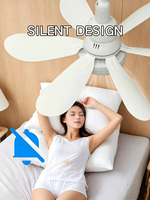 52cm ceiling fan with light, E27 bulb socket (comes with extension rod and) installed above a woman sleeping peacefully in bed.