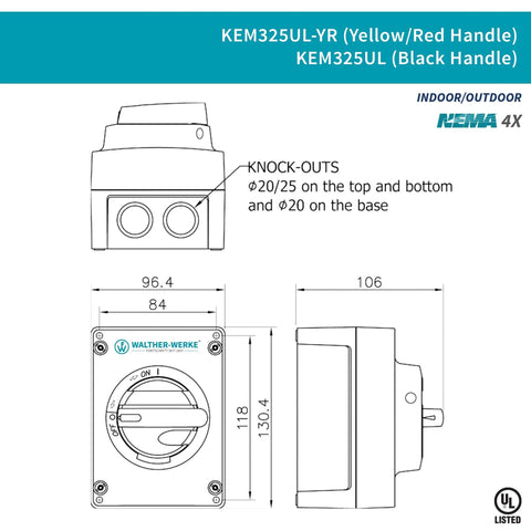Diagram of Beefy Enclosed Mountable Motor Disconnect Switch For Heavy Duty Machinery 3 Pole 25A 600V