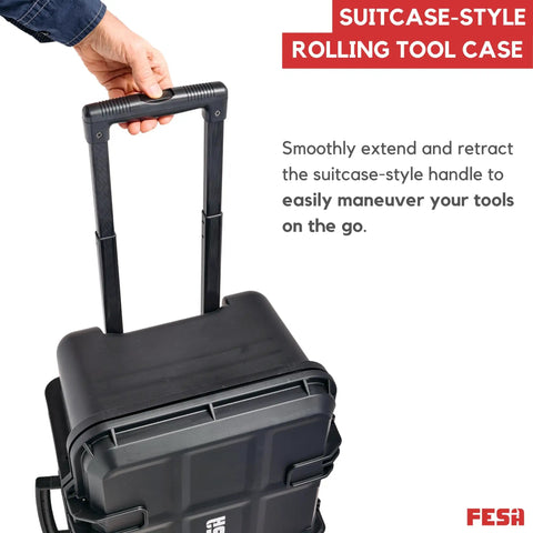 Master Electrician Insulated Tool Set With 50 Knuckle Buster Pliers And Screwdrivers Inside A Rock Solid Rolling Carry Case showing suitcase-style handle.