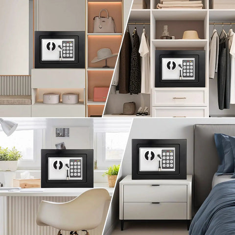 Mini Electronic Safe Box With Digital Keypad 0.23 Cu Ft Compact Home Safe for cash and valuables in various room settings.