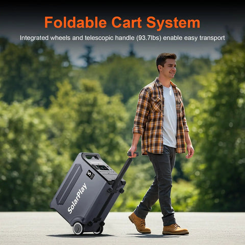 Man transporting 3600W Portable Power Station With 3840Wh Large Capacity using foldable cart system outdoors