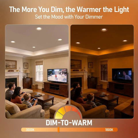 Family in living room enjoying dim-to-warm lighting with TORCHSTAR 4-Pack 6CCT 6 Inch LED Recessed Lighting Retrofit.