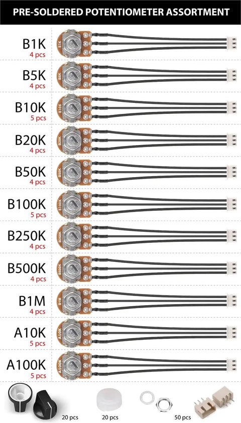 Potentiometer Assortment Pre Wired Potentiometers With Knobs Dust Seals And 3 Pin 0.1 Inch Connectors 48 Pieces B1K to A100K