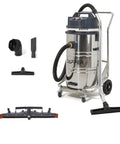 Badass Heavy Duty Industrial Wet Dry Vacuum 21 Gallon Tank with stainless steel barrel and squeegee tools for easy cleanup.