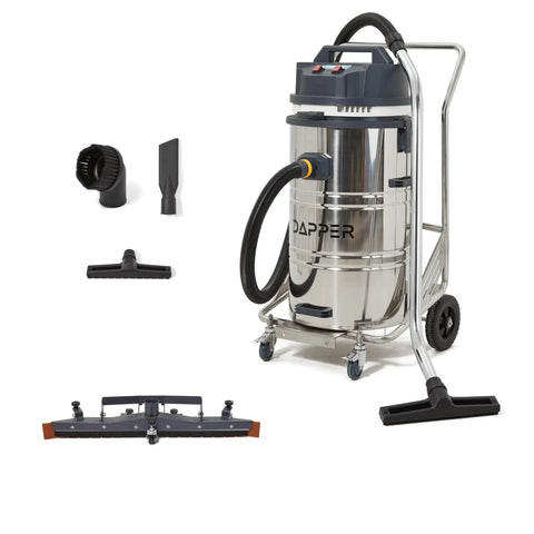 Badass Heavy Duty Industrial Wet Dry Vacuum 21 Gallon Tank with stainless steel barrel and squeegee tools for easy cleanup.