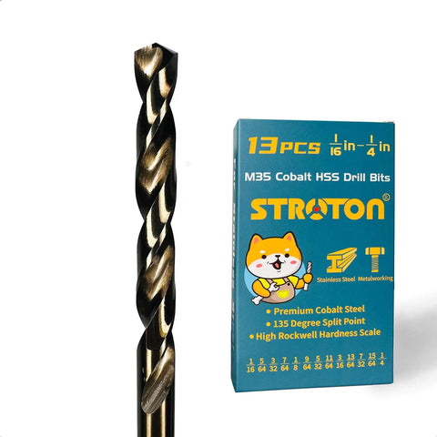 Beefy Five Percent Cobalt Drill Bit Set 1/16 To 1/4 Inch, 13-Piece M35 High Speed Steel Twist Bits packaging and bit