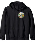Black Zip Up Hoodie Serving Solid Bangladesh South Asia Travel Vibes With Retro Rickshaw And Wild Bengal Tiger Graphic 8.5 Oz Classic Fit Jacket front view