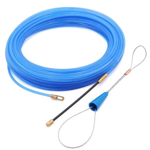 65 Foot Nylon Fish Tape Wire Puller Kit For Electrical Work with flexible blue nylon tape and strong core for wire pulling.