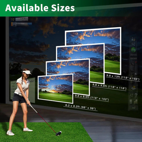 Golfer practicing in front of multiple size options for Golf Simulator Impact Screen for Home Practice Ultra Durable Triple Layer Screen