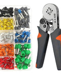 Dope Self-Adjustable Ratchet Wire Crimping Tool Kit For 23 AWG Down To 7 AWG Feats Heavy Duty Plier Plus 400 Pc Copper Terminal Connectors And Ferrules Perfect For Car Audio, Relays Lamp Wiring And Industrial Electrician Jobs. Self-adjusting crimper with ferrule kit and metal plier.
