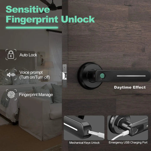Fingerprint Door Lock With Handle Smart Biometric Keyless Entry No Key Needed One Tap Unlock In Zero Point Two Seconds Plus Backup Keys