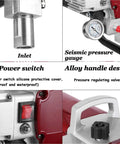 Close-up of the heavy duty airless paint spray gun kit's inlet, power switch with protective cover, and pressure gauge for home reno.