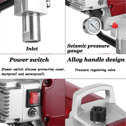 High Performance Electric Airless Paint Sprayer With Adjustable Pressure Gauge And Heavy Duty Motor Featuring No Sweat Setup Crisp Lines And Ergonomic Spray Gun For Fast Bedroom Refreshes close-up of inlet, power switch, seismic pressure gauge, and alloy handle design