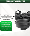 Side view of beefed up carburetor kit for Briggs and Stratton lawn mower engines replaces 590556 591109 591160, showing function details.