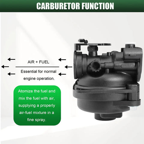 Side view of beefed up carburetor kit for Briggs and Stratton lawn mower engines replaces 590556 591109 591160, showing function details.