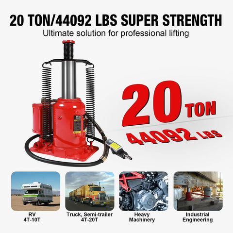 Big Red 20 Ton Air Hydraulic Bottle Jack Heavy Duty Professional Lifting Tool With Dual Power Operation Adjustable Range Plus Safety Valve For Industrial Auto Shop Use with super strength design.