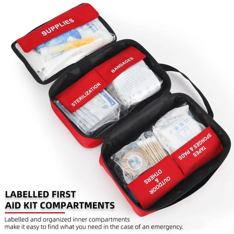 First aid kit, compact red 330-piece waterproof case opened to show labeled compartments and clear pouches.
