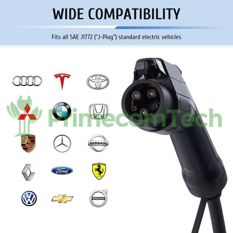 Level 2 EV Charger With Adjustable Amperage From Ten To Thirty Two Amps Forty Foot Cable Plug In Hybrid Ready Home Charging Station For Cars And SUVs 240 Volt EVSE Style Power Adapter showing compatibility with car brands