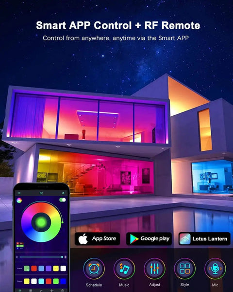 Colorful house lit with Outdoor LED Strip Lights Waterproof 100 Ft 6 Rolls Of 16Ft 4In IP65 Ultra Long RGB 5050 App Remote