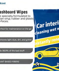 Car interior cleaning wet wipes package in blue with yellow car graphic; 20 wipes.