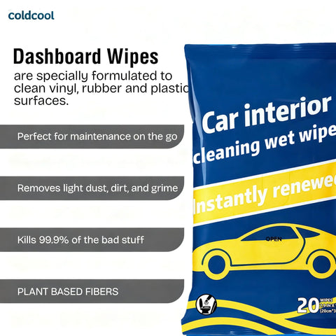 Car interior cleaning wet wipes package in blue with yellow car graphic; 20 wipes.