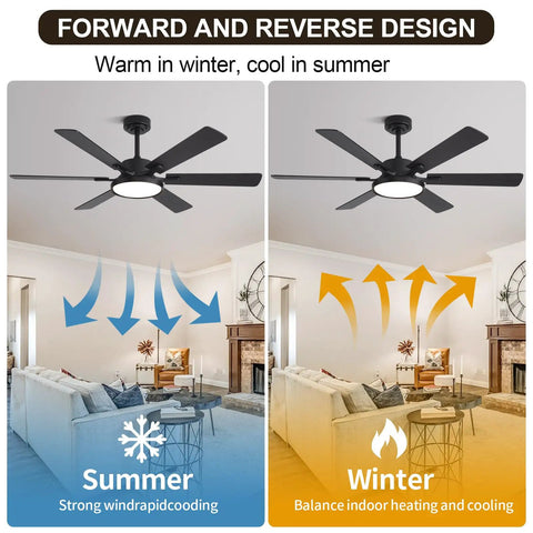 52 Inch Black Low Profile Ceiling Fan With Light And Remote, Dimmable LED, dual-direction airflow for summer and winter