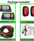 Package contents of Golf Cart LED Headlight and Tail Light Kit for G14 G16 G19 G22 with lights, harness, and instructions.