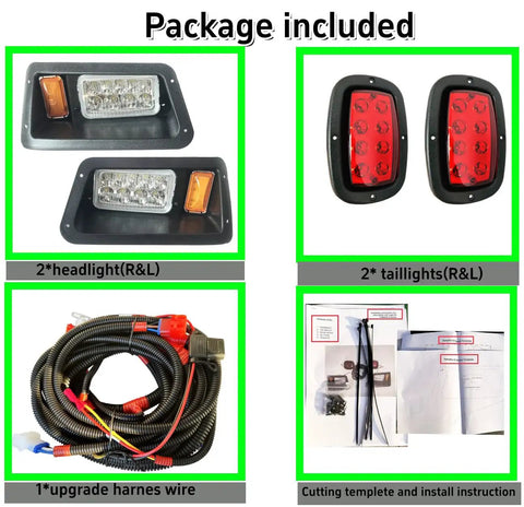 Package contents of Golf Cart LED Headlight and Tail Light Kit for G14 G16 G19 G22 with lights, harness, and instructions.